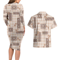 Hawaiian Quilt Tapa On Beige Palaka Motifs Couples Matching Long Sleeve Bodycon Dress and Hawaiian Shirt LT7 - Polynesian Pride