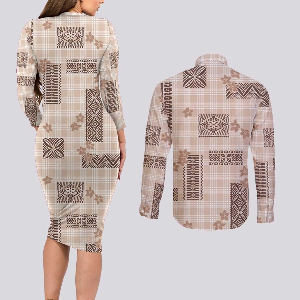Hawaiian Quilt Tapa On Beige Palaka Motifs Couples Matching Long Sleeve Bodycon Dress and Long Sleeve Button Shirt LT7 - Polynesian Pride