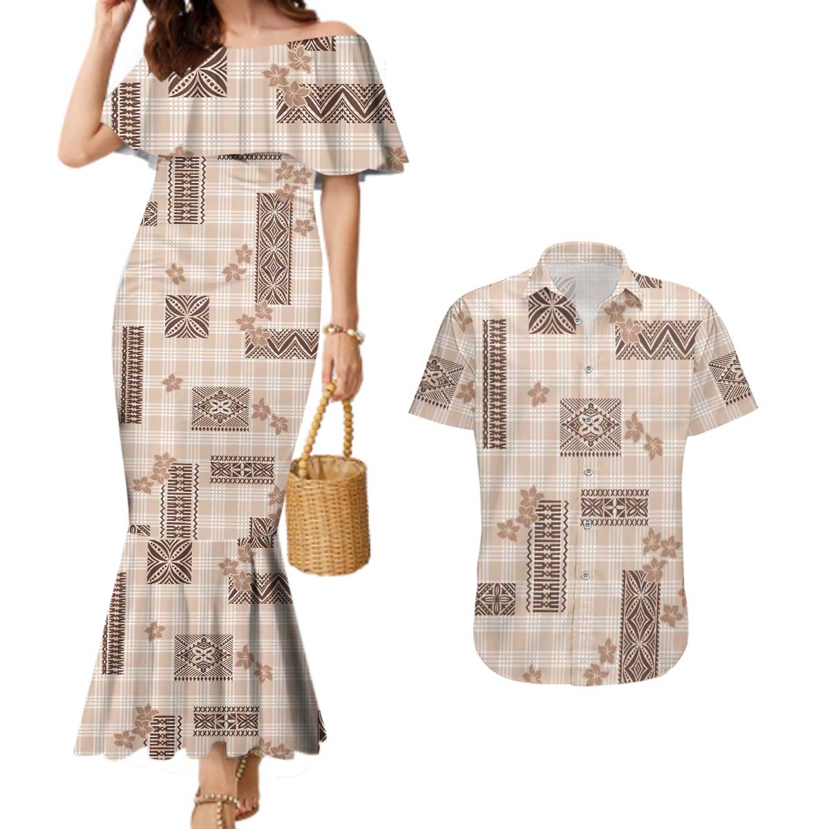 Hawaiian Quilt Tapa On Beige Palaka Motifs Couples Matching Mermaid Dress and Hawaiian Shirt LT7 Beige - Polynesian Pride