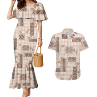 Hawaiian Quilt Tapa On Beige Palaka Motifs Couples Matching Mermaid Dress and Hawaiian Shirt LT7 Beige - Polynesian Pride
