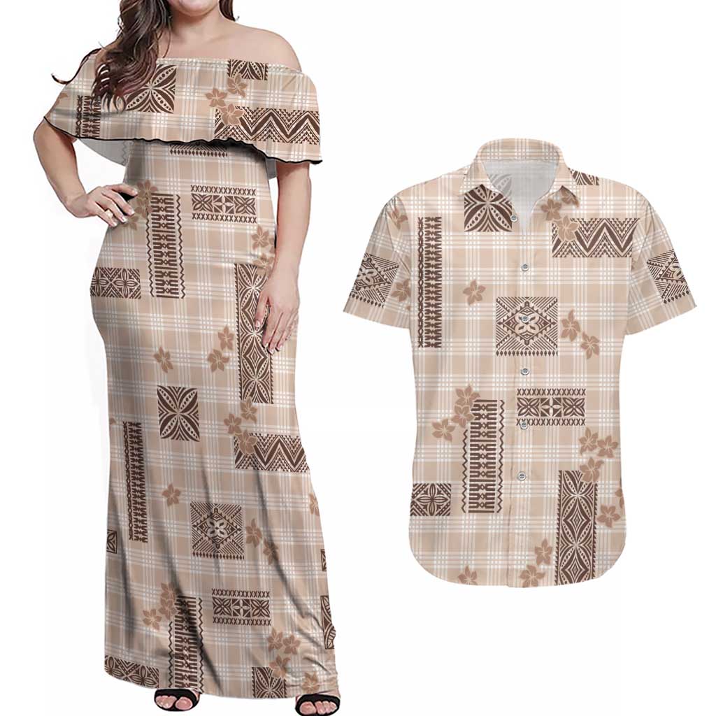 Hawaiian Quilt Tapa On Beige Palaka Motifs Couples Matching Off Shoulder Maxi Dress and Hawaiian Shirt LT7 Beige - Polynesian Pride
