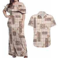 Hawaiian Quilt Tapa On Beige Palaka Motifs Couples Matching Off Shoulder Maxi Dress and Hawaiian Shirt LT7 Beige - Polynesian Pride