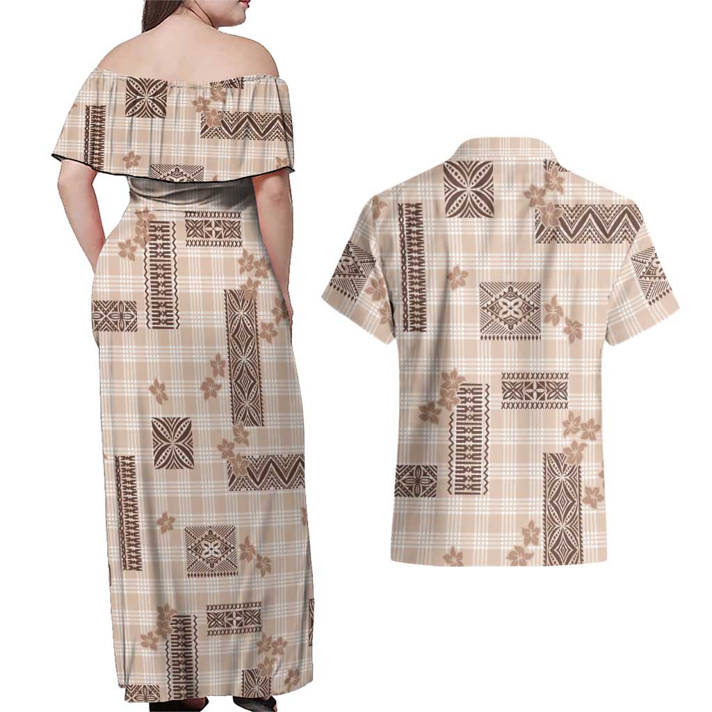 Hawaiian Quilt Tapa On Beige Palaka Motifs Couples Matching Off Shoulder Maxi Dress and Hawaiian Shirt LT7 - Polynesian Pride