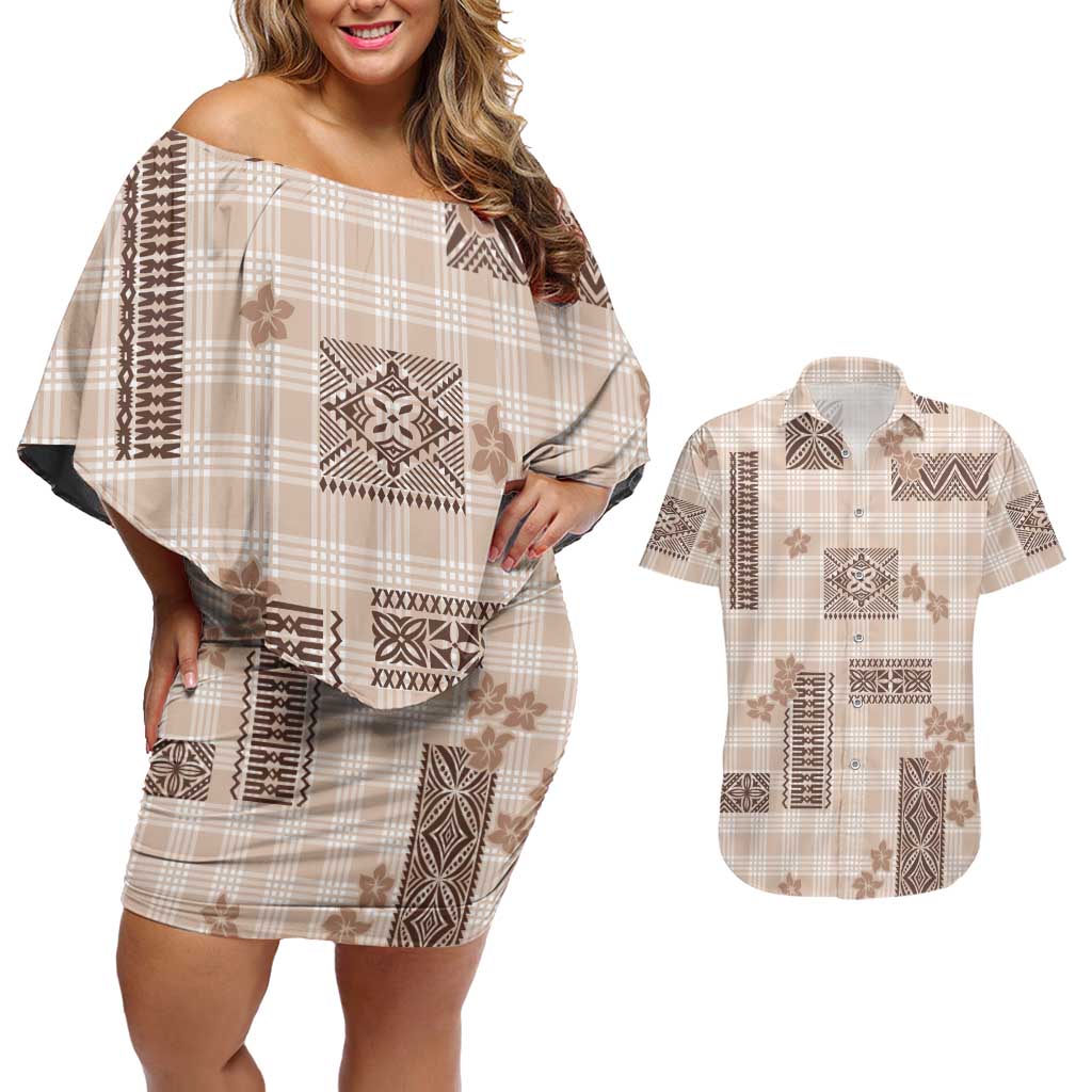 Hawaiian Quilt Tapa On Beige Palaka Motifs Couples Matching Off Shoulder Short Dress and Hawaiian Shirt LT7 Beige - Polynesian Pride