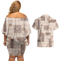 Hawaiian Quilt Tapa On Beige Palaka Motifs Couples Matching Off Shoulder Short Dress and Hawaiian Shirt LT7 - Polynesian Pride