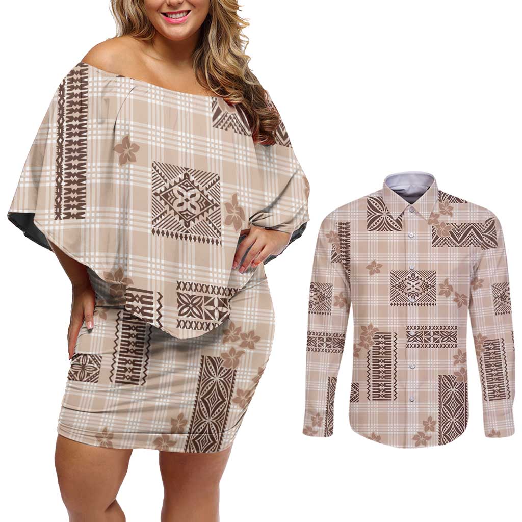 Hawaiian Quilt Tapa On Beige Palaka Motifs Couples Matching Off Shoulder Short Dress and Long Sleeve Button Shirt