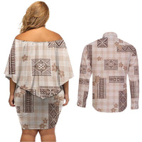 Hawaiian Quilt Tapa On Beige Palaka Motifs Couples Matching Off Shoulder Short Dress and Long Sleeve Button Shirt