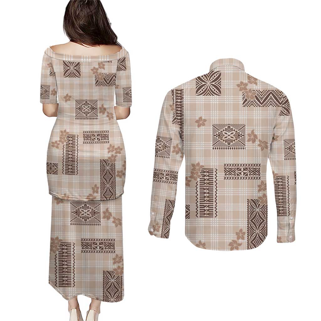 Hawaiian Quilt Tapa On Beige Palaka Motifs Couples Matching Puletasi and Long Sleeve Button Shirt