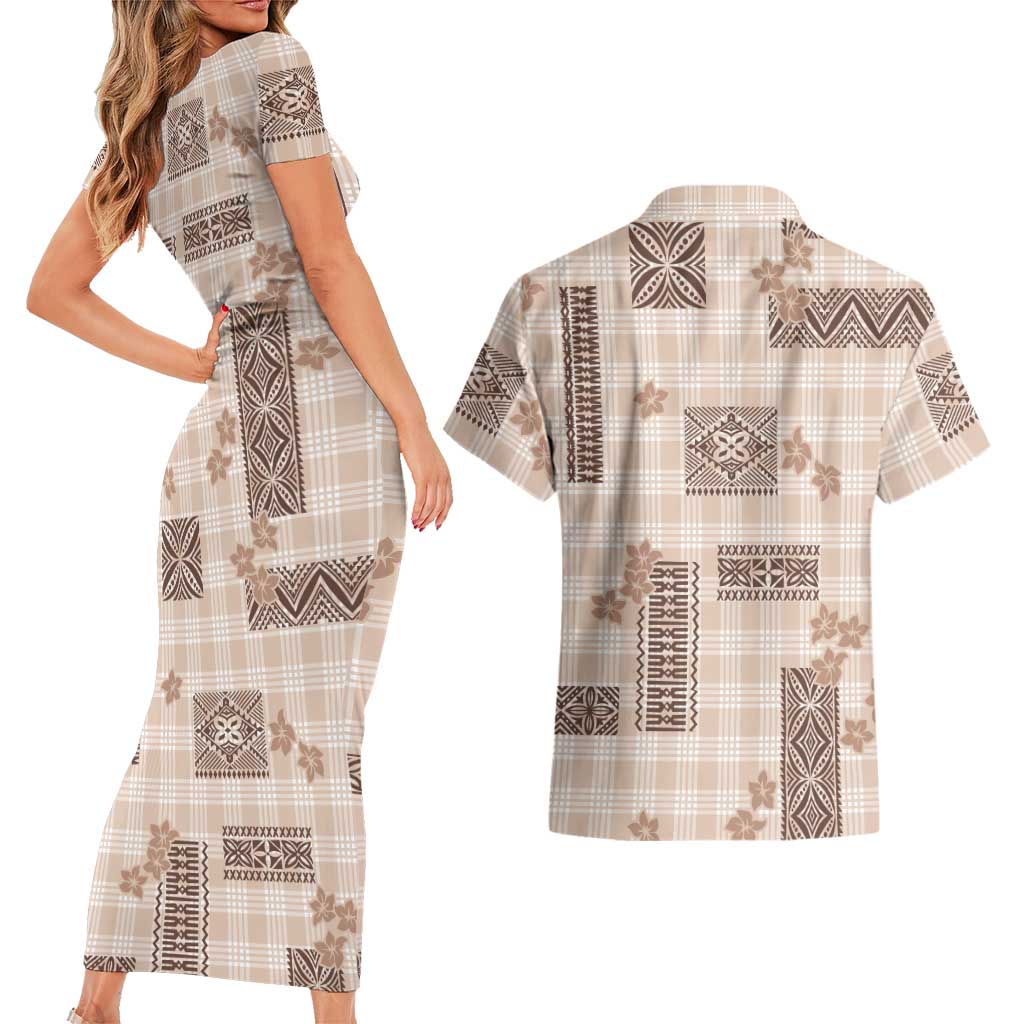 Hawaiian Quilt Tapa On Beige Palaka Motifs Couples Matching Short Sleeve Bodycon Dress and Hawaiian Shirt LT7 - Polynesian Pride