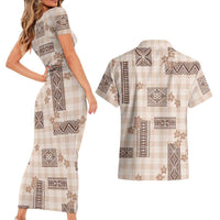 Hawaiian Quilt Tapa On Beige Palaka Motifs Couples Matching Short Sleeve Bodycon Dress and Hawaiian Shirt LT7 - Polynesian Pride