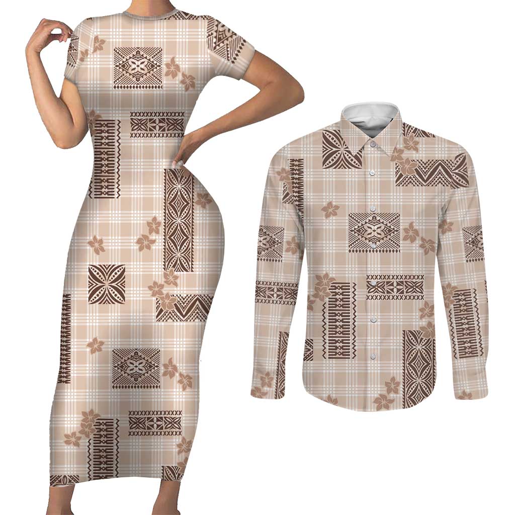 Hawaiian Quilt Tapa On Beige Palaka Motifs Couples Matching Short Sleeve Bodycon Dress and Long Sleeve Button Shirt LT7 Beige - Polynesian Pride