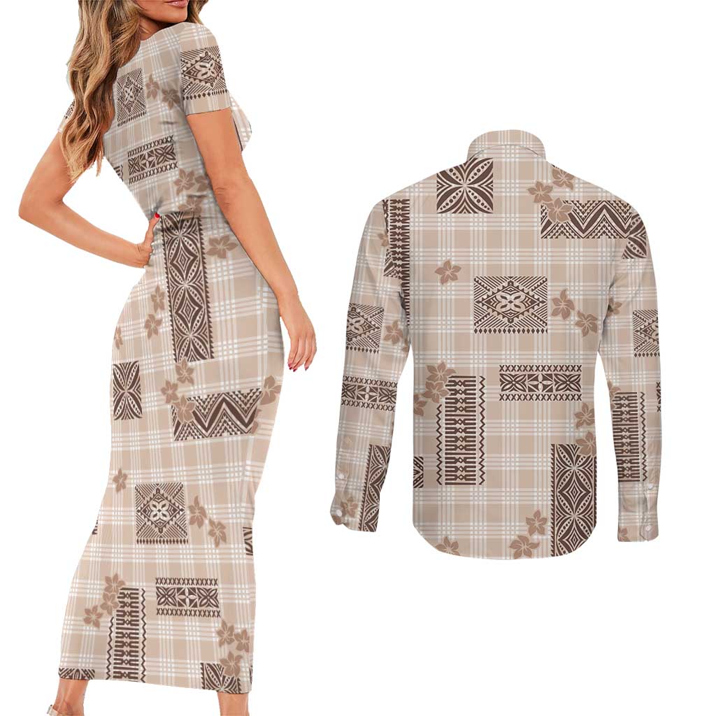 Hawaiian Quilt Tapa On Beige Palaka Motifs Couples Matching Short Sleeve Bodycon Dress and Long Sleeve Button Shirt LT7 - Polynesian Pride
