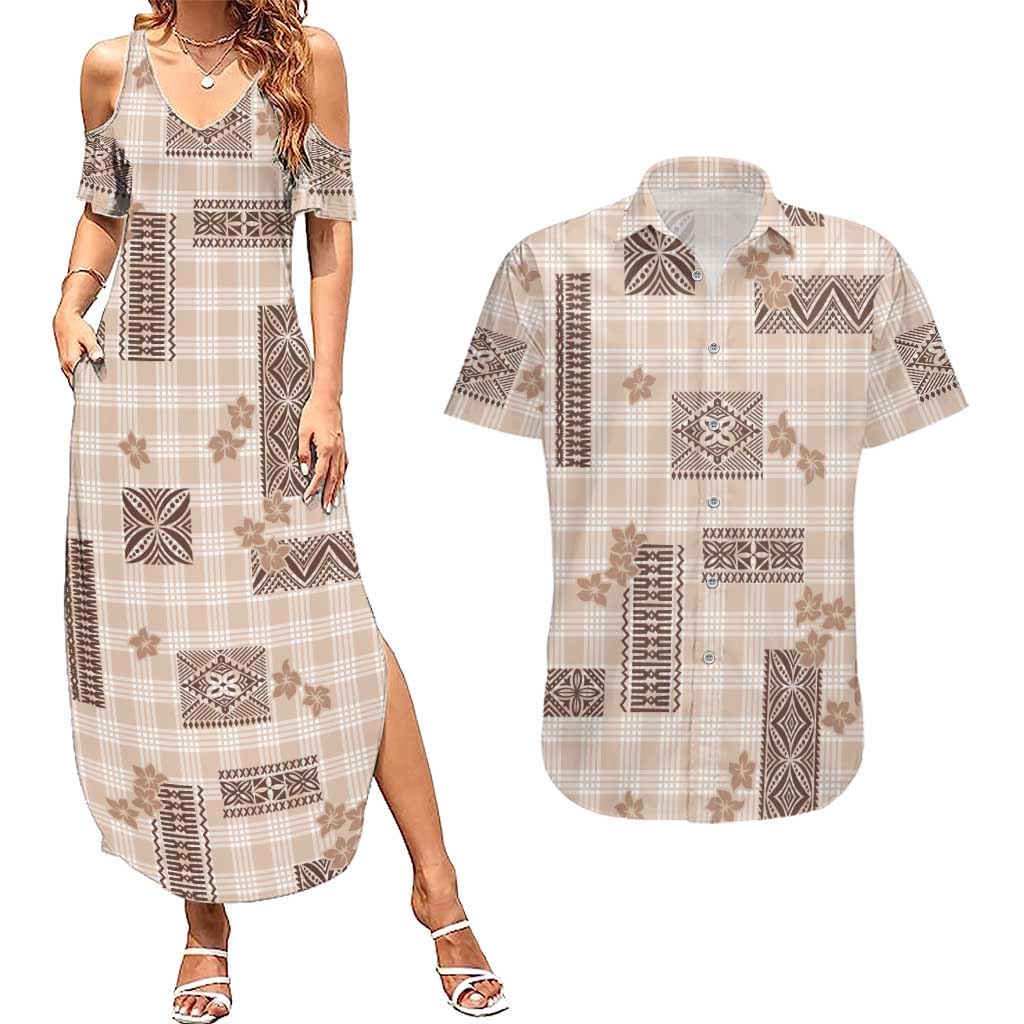 Hawaiian Quilt Tapa On Beige Palaka Motifs Couples Matching Summer Maxi Dress and Hawaiian Shirt LT7 Beige - Polynesian Pride