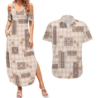 Hawaiian Quilt Tapa On Beige Palaka Motifs Couples Matching Summer Maxi Dress and Hawaiian Shirt LT7 Beige - Polynesian Pride