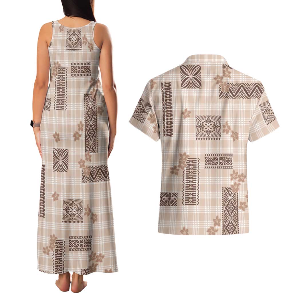 Hawaiian Quilt Tapa On Beige Palaka Motifs Couples Matching Tank Maxi Dress and Hawaiian Shirt LT7 - Polynesian Pride