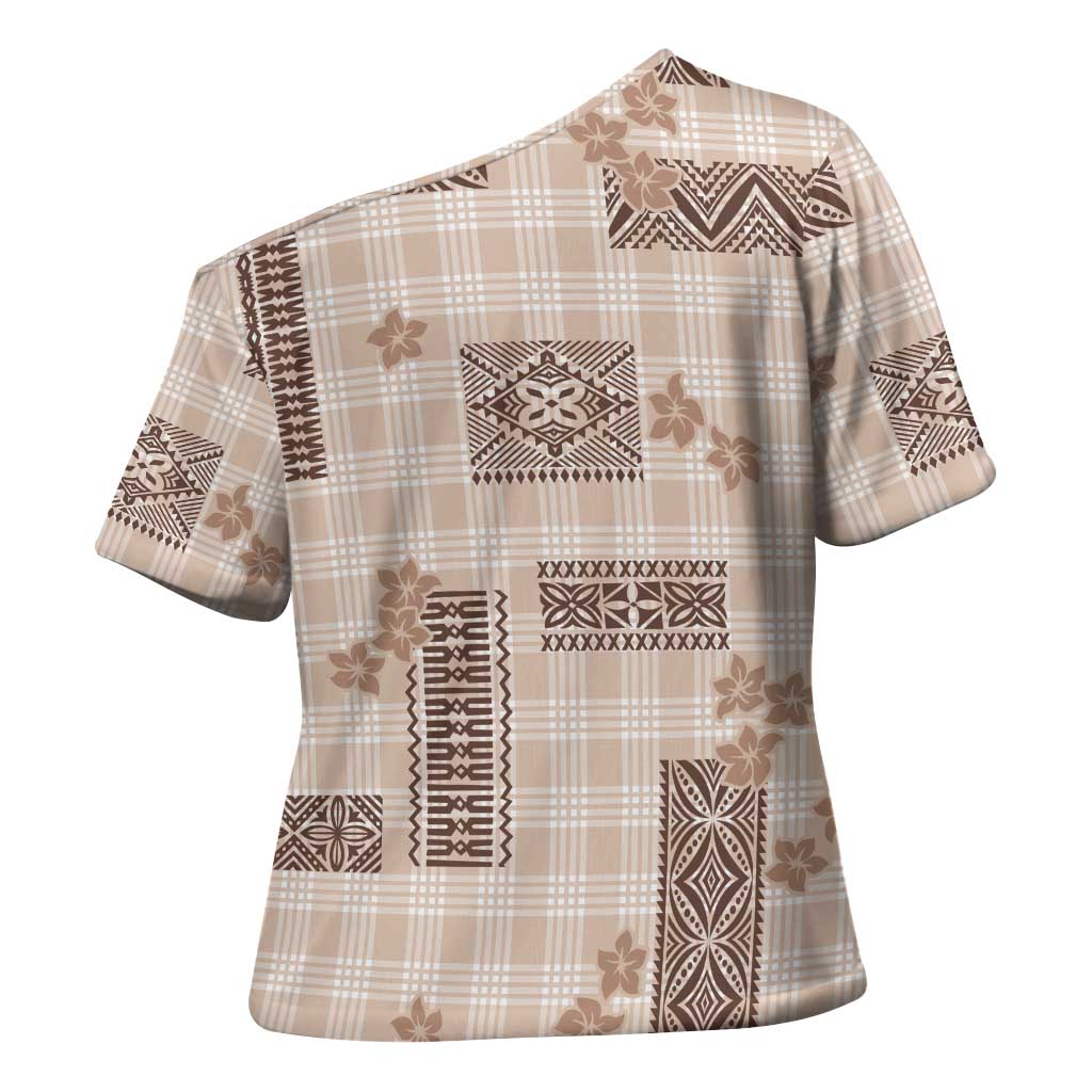 Hawaiian Quilt Tapa On Beige Palaka Motifs Cross Shoulder Shirt