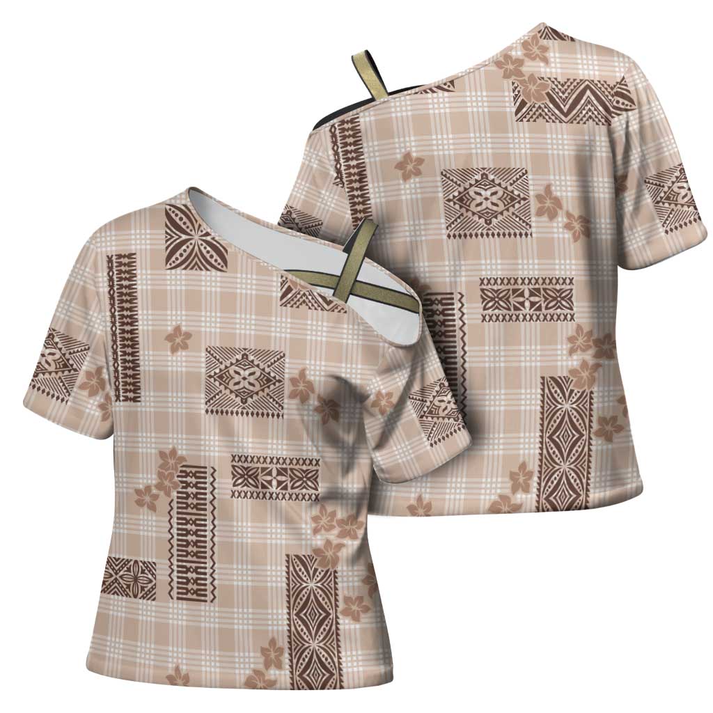 Hawaiian Quilt Tapa On Beige Palaka Motifs Cross Shoulder Shirt
