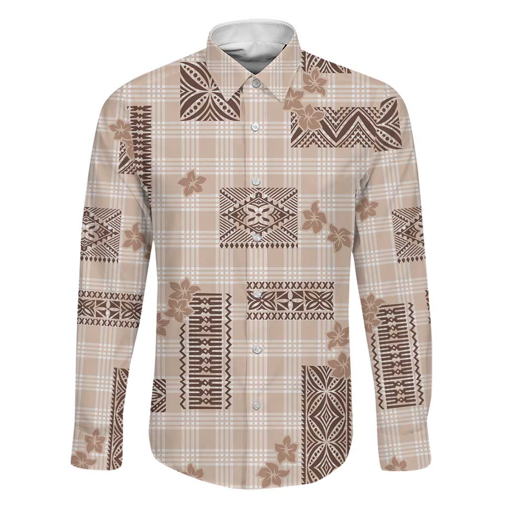 Hawaiian Quilt Tapa On Beige Palaka Motifs Family Matching Long Sleeve Bodycon Dress and Hawaiian Shirt LT7 Dad's Shirt - Long Sleeve Beige - Polynesian Pride