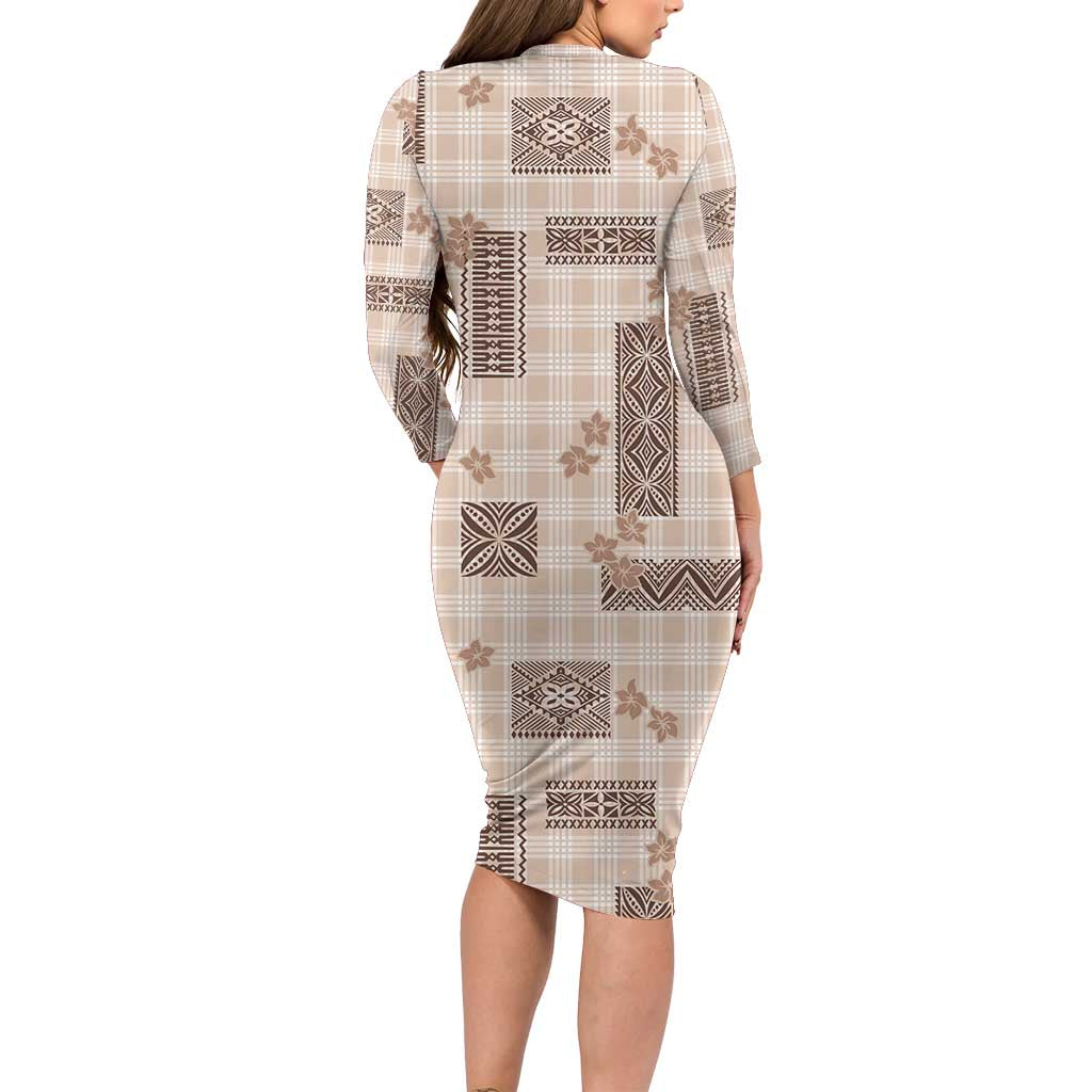 Hawaiian Quilt Tapa On Beige Palaka Motifs Family Matching Long Sleeve Bodycon Dress and Hawaiian Shirt LT7 - Polynesian Pride