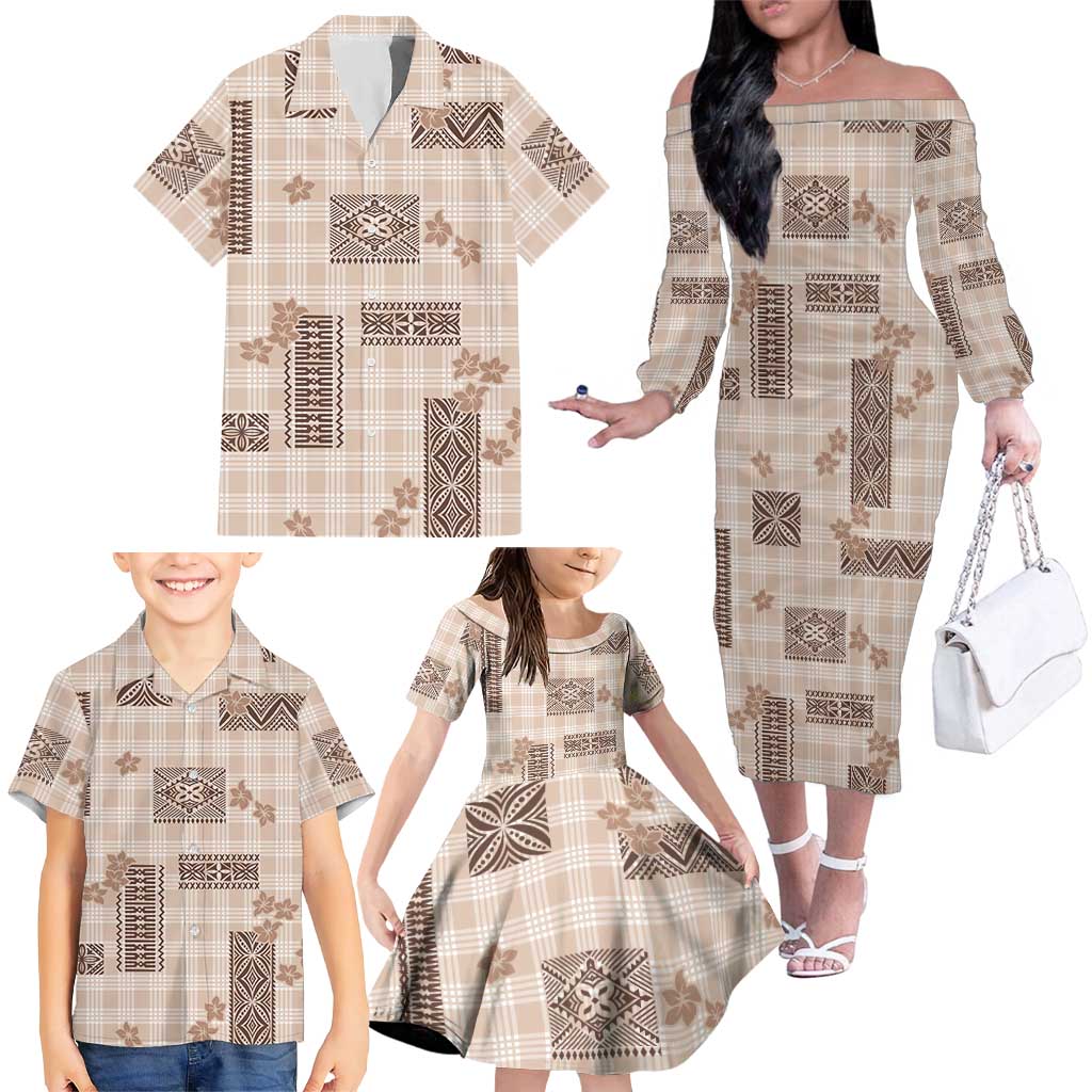 Hawaiian Quilt Tapa On Beige Palaka Motifs Family Matching Off The Shoulder Long Sleeve Dress and Hawaiian Shirt