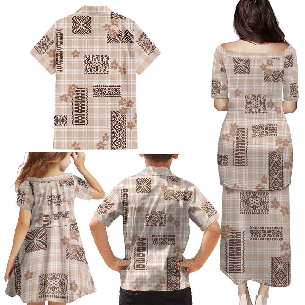Hawaiian Quilt Tapa On Beige Palaka Motifs Family Matching Puletasi and Hawaiian Shirt LT7 - Polynesian Pride