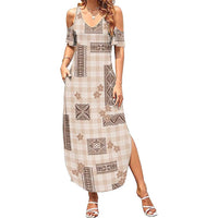 Hawaiian Quilt Tapa On Beige Palaka Motifs Family Matching Summer Maxi Dress and Hawaiian Shirt LT7 Mom's Dress Beige - Polynesian Pride