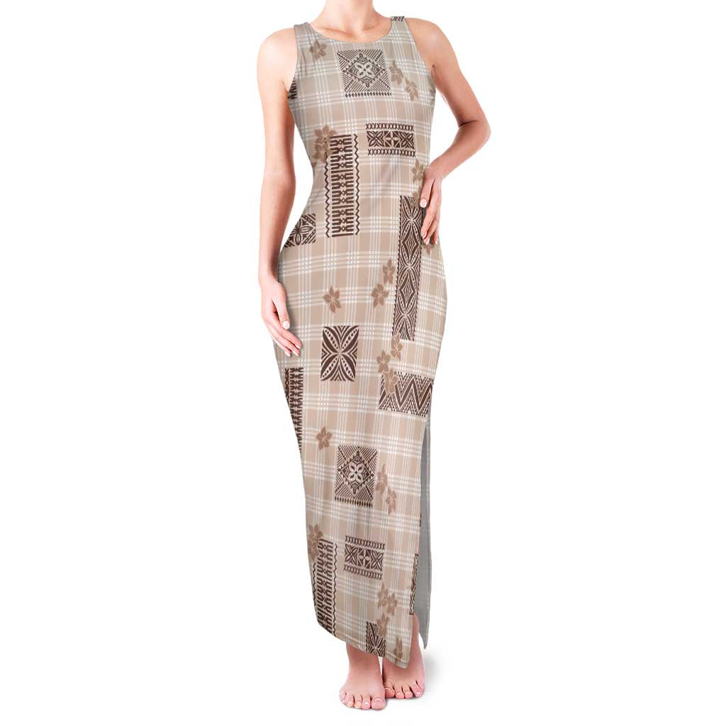 Hawaiian Quilt Tapa On Beige Palaka Motifs Family Matching Tank Maxi Dress and Hawaiian Shirt LT7 Mom's Dress Beige - Polynesian Pride