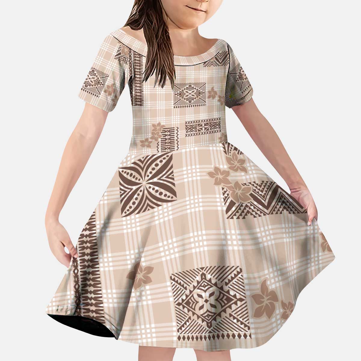 Hawaiian Quilt Tapa On Beige Palaka Motifs Kid Short Sleeve Dress