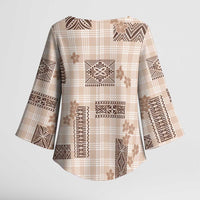 Hawaiian Quilt Tapa On Beige Palaka Motifs Kimono Sleeve Blouse