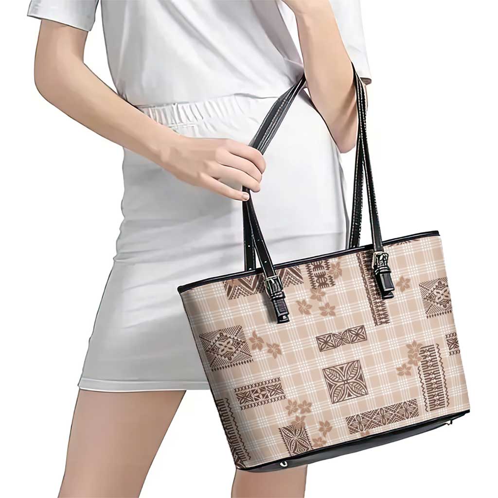 Hawaiian Quilt Tapa On Beige Palaka Motifs Leather Tote Bag