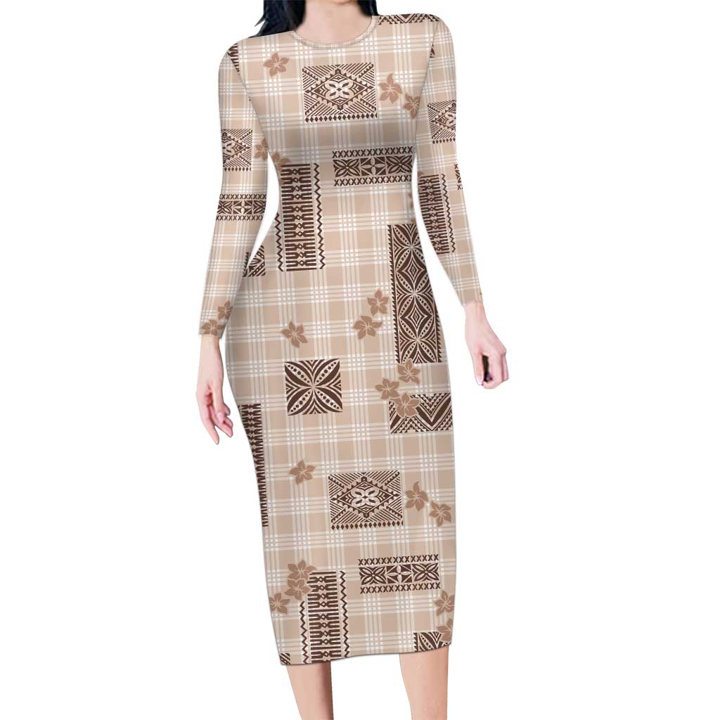 Hawaiian Quilt Tapa On Beige Palaka Motifs Long Sleeve Bodycon Dress