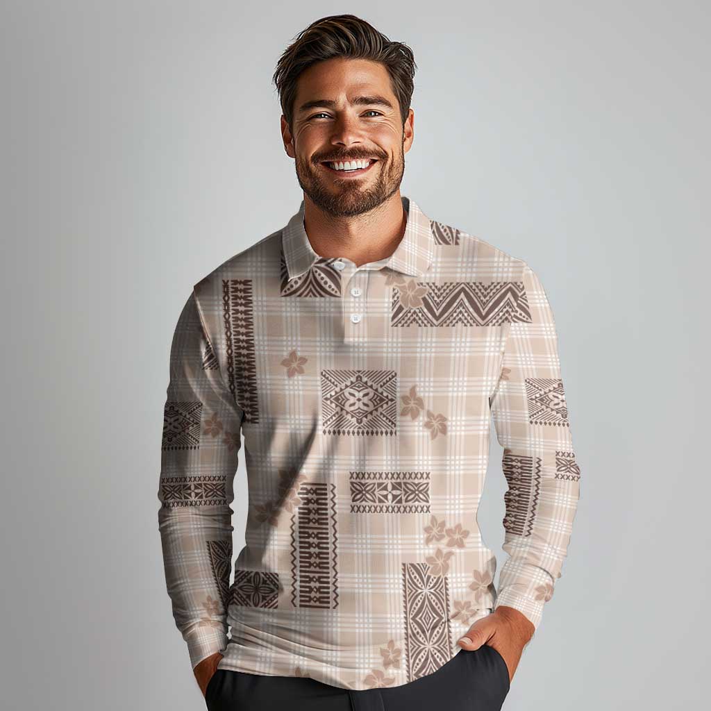 Hawaiian Quilt Tapa On Beige Palaka Motifs Long Sleeve Polo Shirt