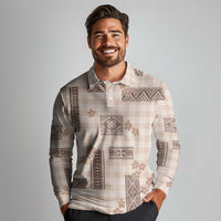 Hawaiian Quilt Tapa On Beige Palaka Motifs Long Sleeve Polo Shirt