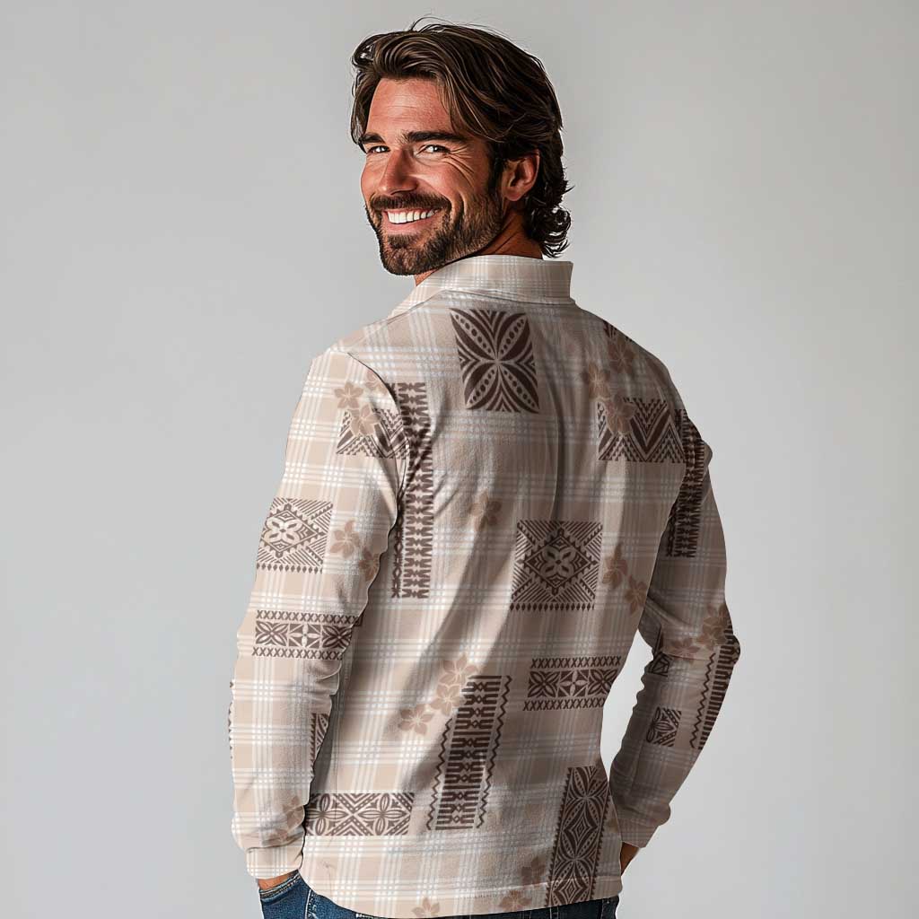 Hawaiian Quilt Tapa On Beige Palaka Motifs Long Sleeve Polo Shirt