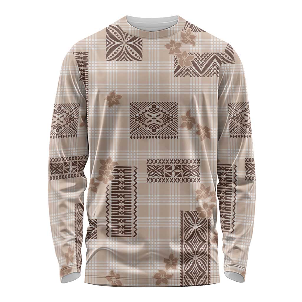 Hawaiian Quilt Tapa On Beige Palaka Motifs Long Sleeve Shirt