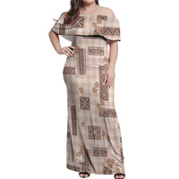 Hawaiian Quilt Tapa On Beige Palaka Motifs Off Shoulder Maxi Dress