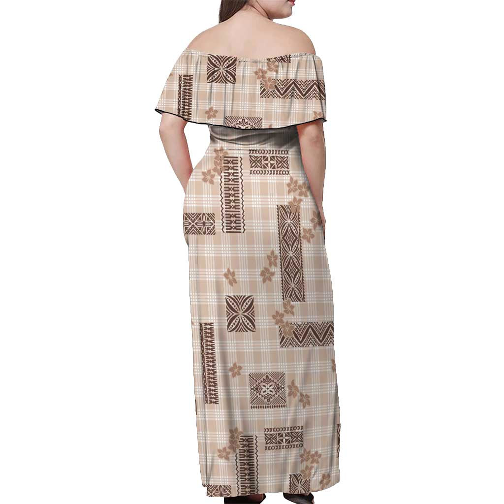 Hawaiian Quilt Tapa On Beige Palaka Motifs Off Shoulder Maxi Dress