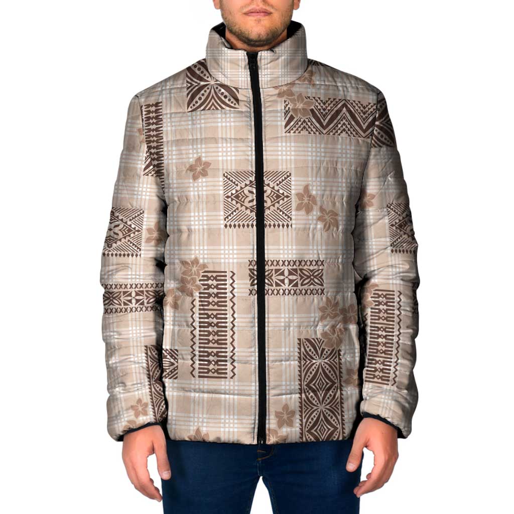 Hawaiian Quilt Tapa On Beige Palaka Motifs Padded Jacket