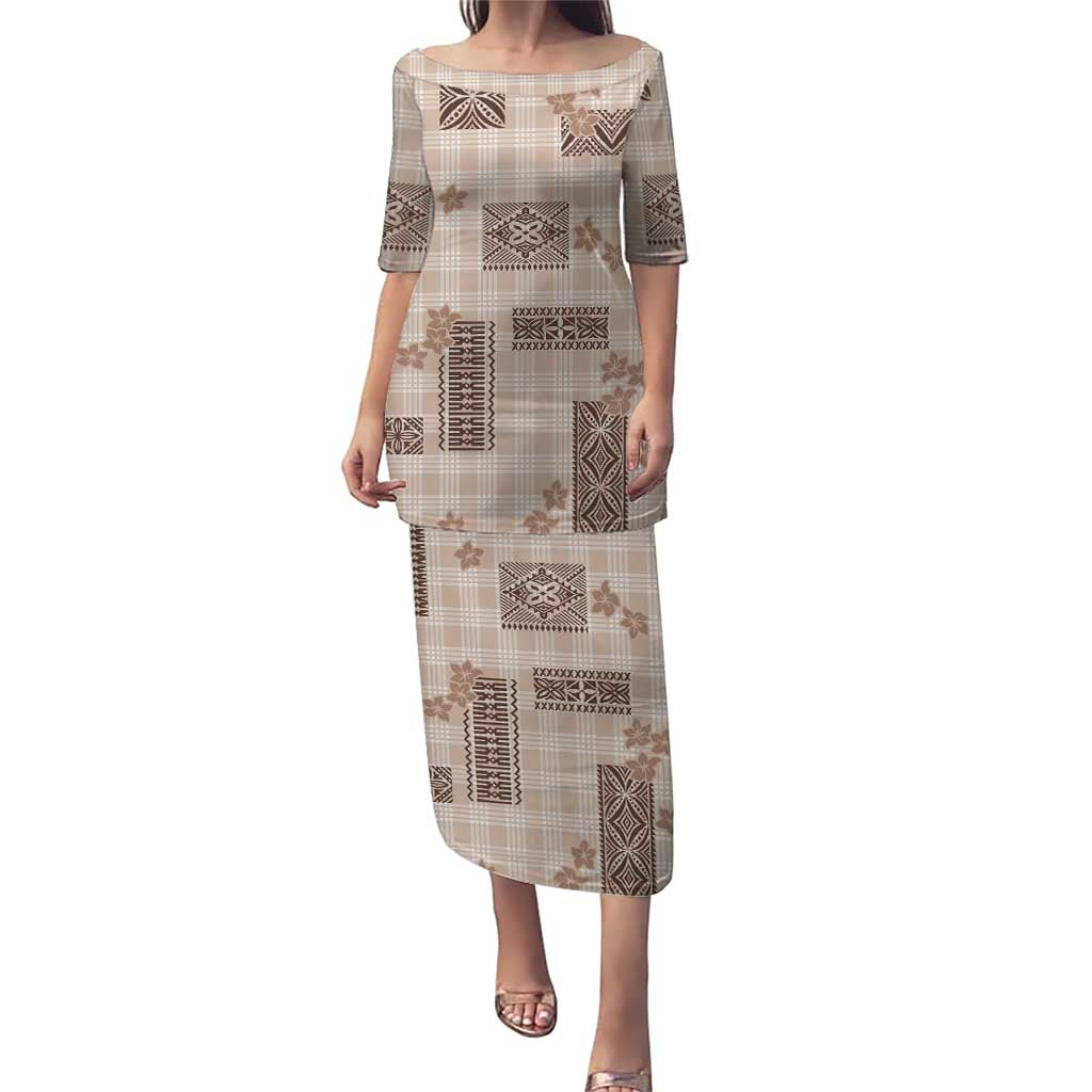 Hawaiian Quilt Tapa On Beige Palaka Motifs Puletasi