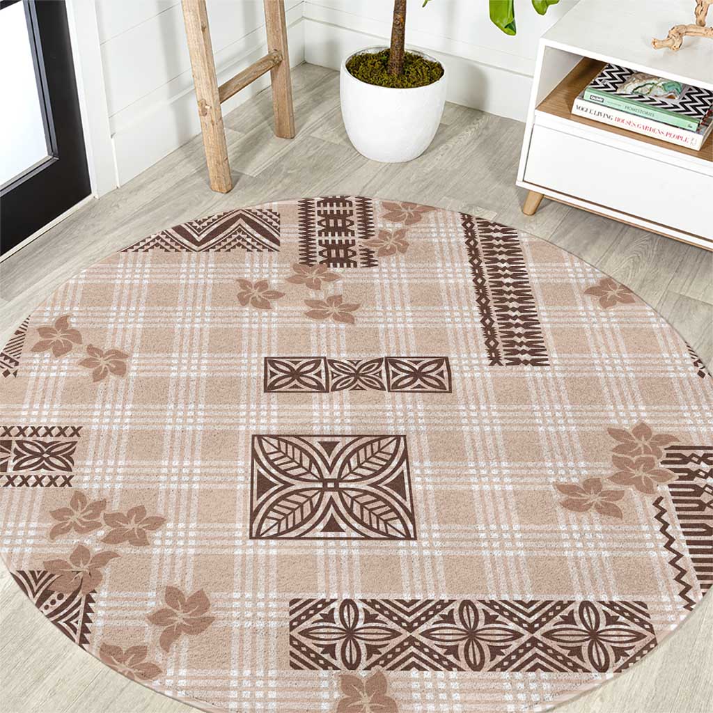Hawaiian Quilt Tapa On Beige Palaka Motifs Round Carpet