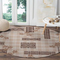 Hawaiian Quilt Tapa On Beige Palaka Motifs Round Carpet