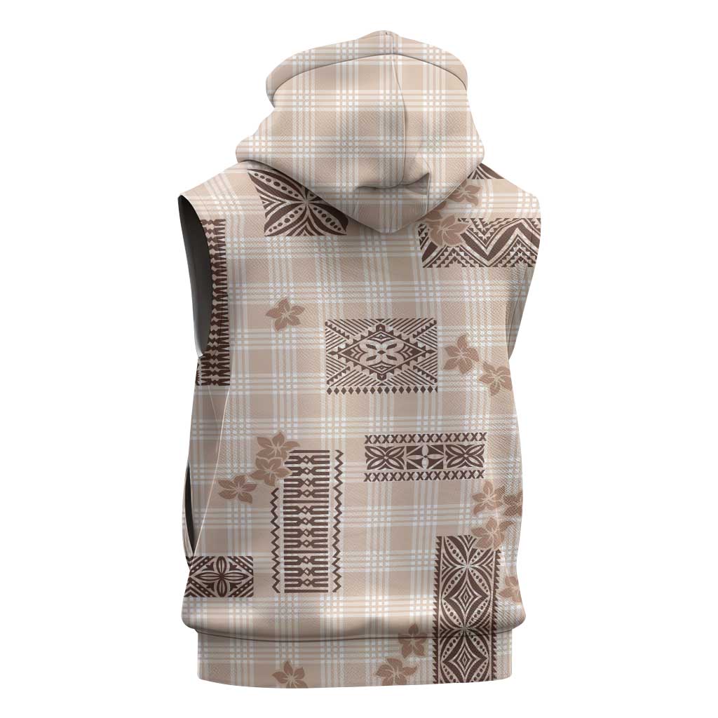 Hawaiian Quilt Tapa On Beige Palaka Motifs Sleeveless Hoodie