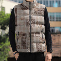 Hawaiian Quilt Tapa On Beige Palaka Motifs Sleeveless Puffer Jacket