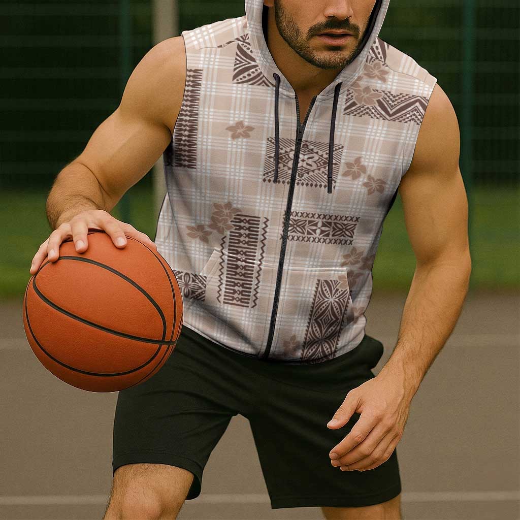 Hawaiian Quilt Tapa On Beige Palaka Motifs Sleeveless Zip Hoodie LT7 - Polynesian Pride