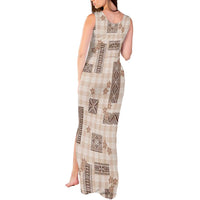 Hawaiian Quilt Tapa On Beige Palaka Motifs Tank Maxi Dress
