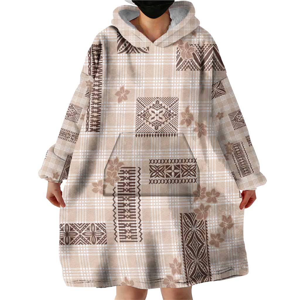 Hawaiian Quilt Tapa On Beige Palaka Motifs Wearable Blanket Hoodie