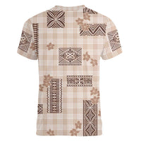 Hawaiian Quilt Tapa On Beige Palaka Motifs Women V-Neck T-Shirt