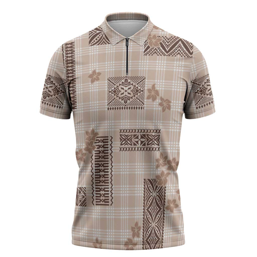 Hawaiian Quilt Tapa On Beige Palaka Motifs Zipper Polo Shirt