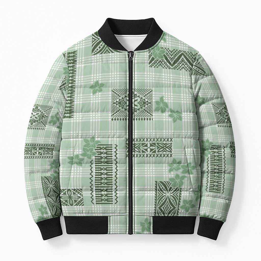 Hawaiian Quilt Tapa On Pastel Mint Palaka Motifs Bomber Puffer Jacket