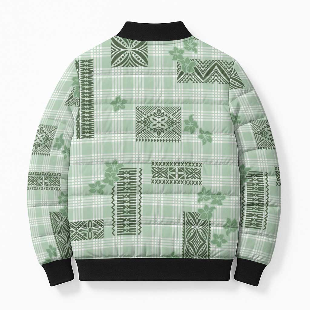 Hawaiian Quilt Tapa On Pastel Mint Palaka Motifs Bomber Puffer Jacket